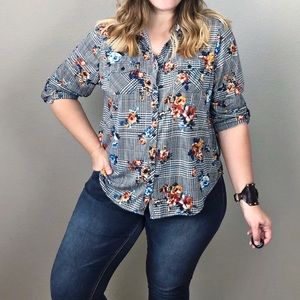 Passport Plaid Floral Print Button Down Blouse